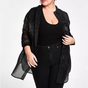 Nina Parker Trendy Black Organza Leopard-Print Button Up Shirt Plus Size 3X NWT